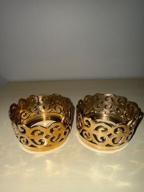 Vintage Filigree Style Brass Pillar Candle Rings  Lot of 2